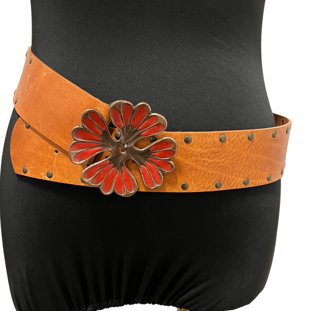 Lino Catalano Italian Leather Belt with Red Flower Buckle